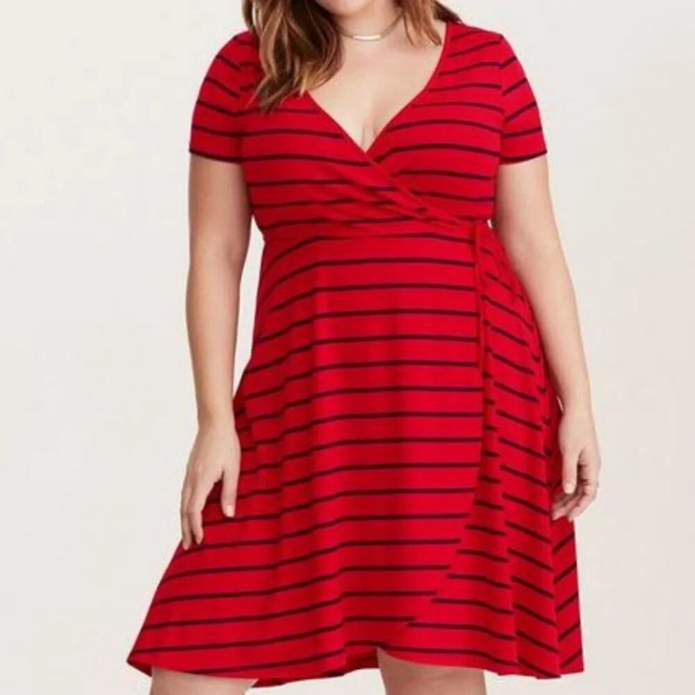 Torrid Wrap Dress Red with navy stripes, short sleeve preppy every day plus size